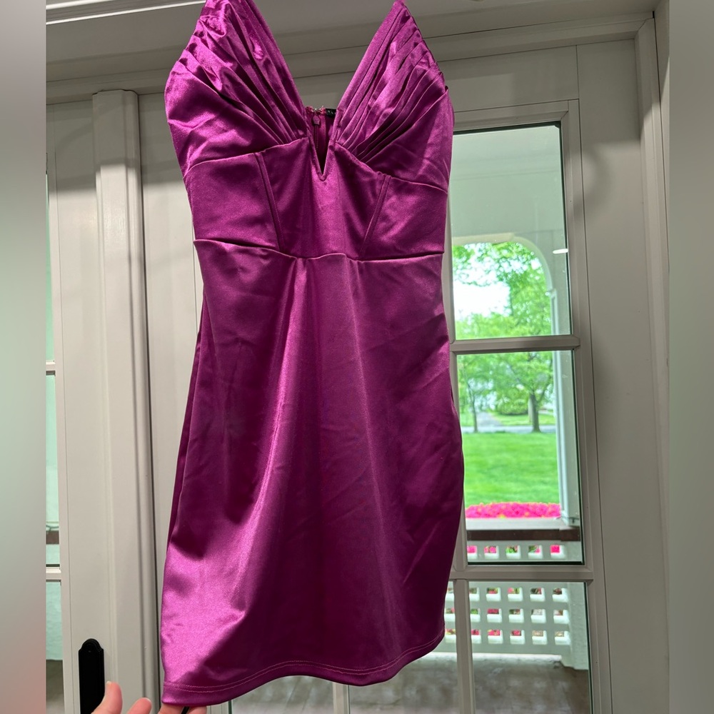 NWT purple satin deep v mini dress